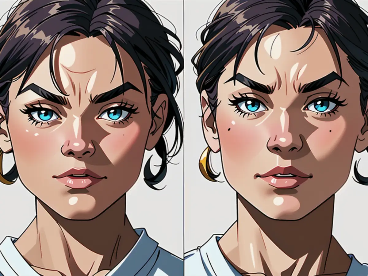 Images showcasing transformation of a woman with applied foundation. Transformed visage of a woman, showcasing the application and removal of foundation.