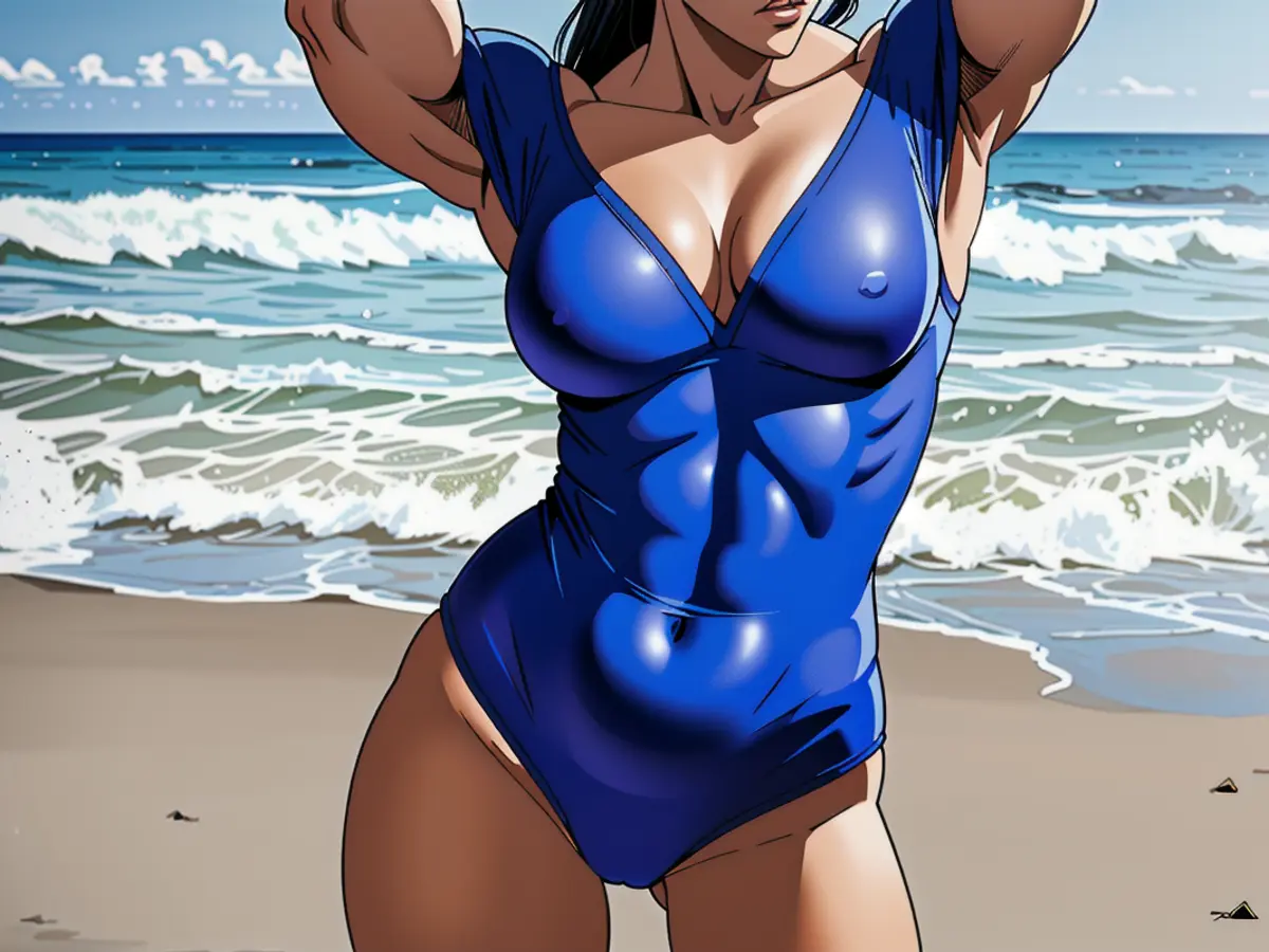 Model shows off stylish blue one-piece bathing suit. Model showcasing a blue one-piece bathing suit