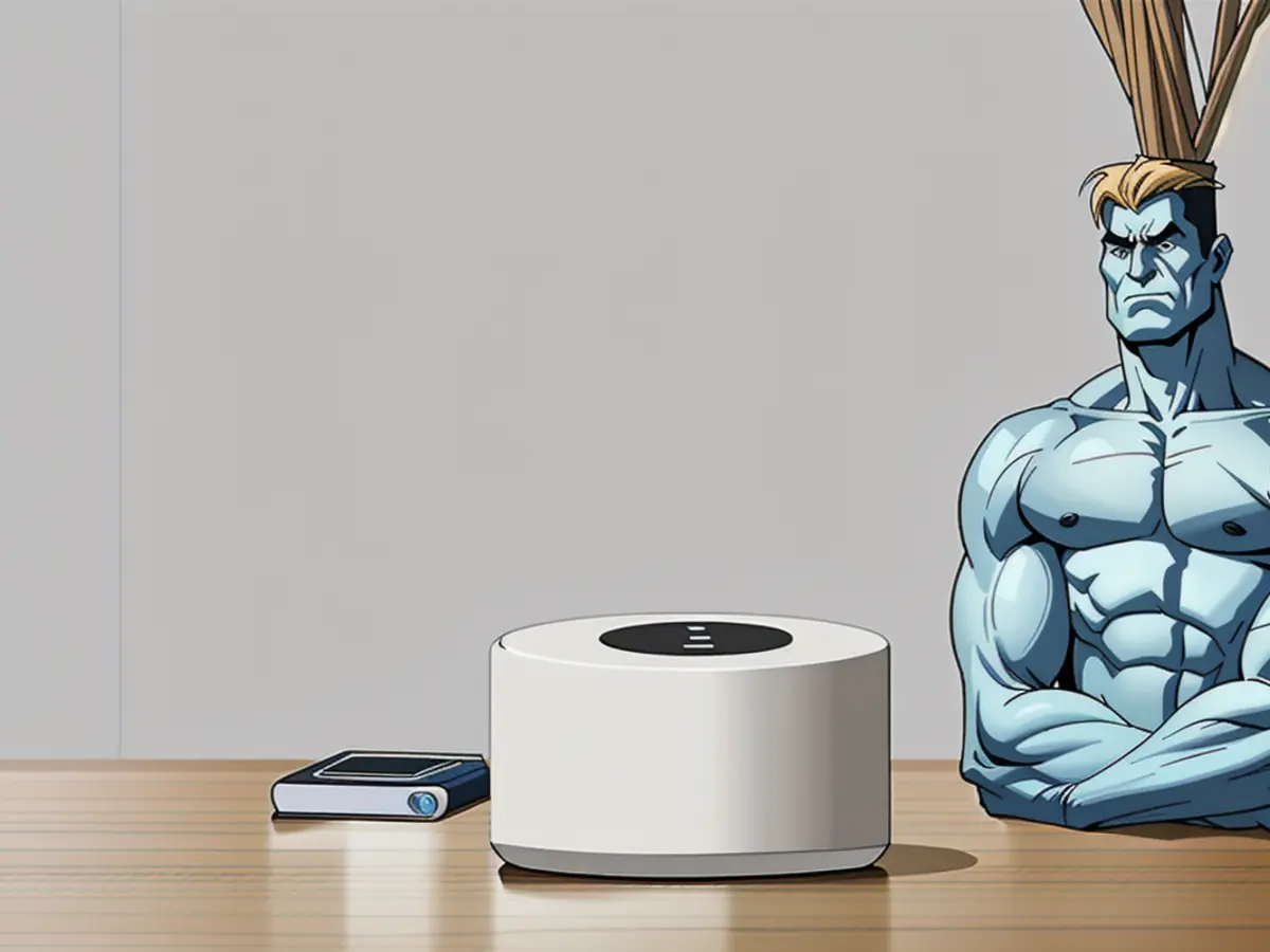 Round, Google WiFi router of a white, meshed design, rested on a flat surface Tabletop-positioned, round-bodied Google WiFi mesh router in a white hue