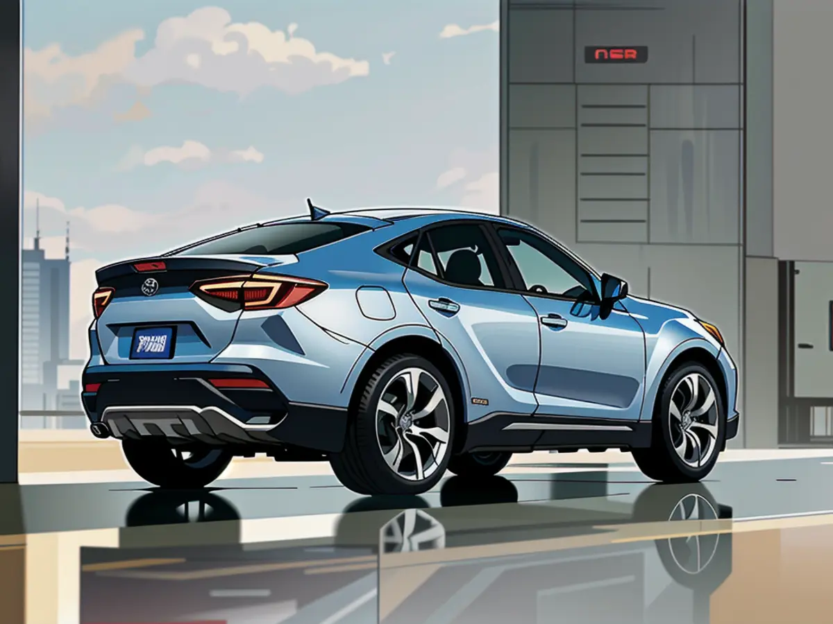 Toyota's C-HR+ boasts a sporty design in its rear. Toyota's C-HR+ model exhibits sporty features in its redesign.