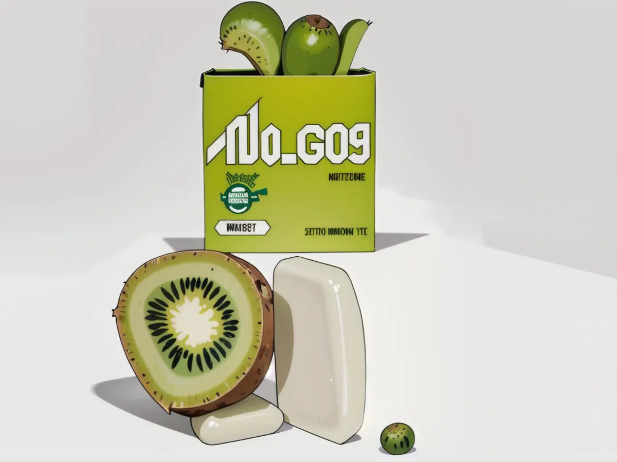 A bar of white shampoo, encased in green packaging, adorned with kiwis placed strategically on top, and another kiwi depicted nearby.
