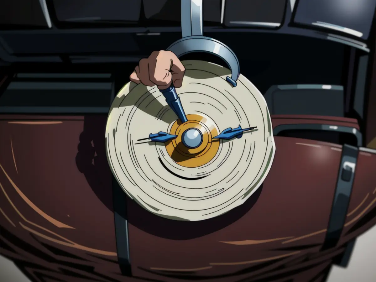 Portable, round gadget connected to a suitcase's handle, serving as a noise-making device.
