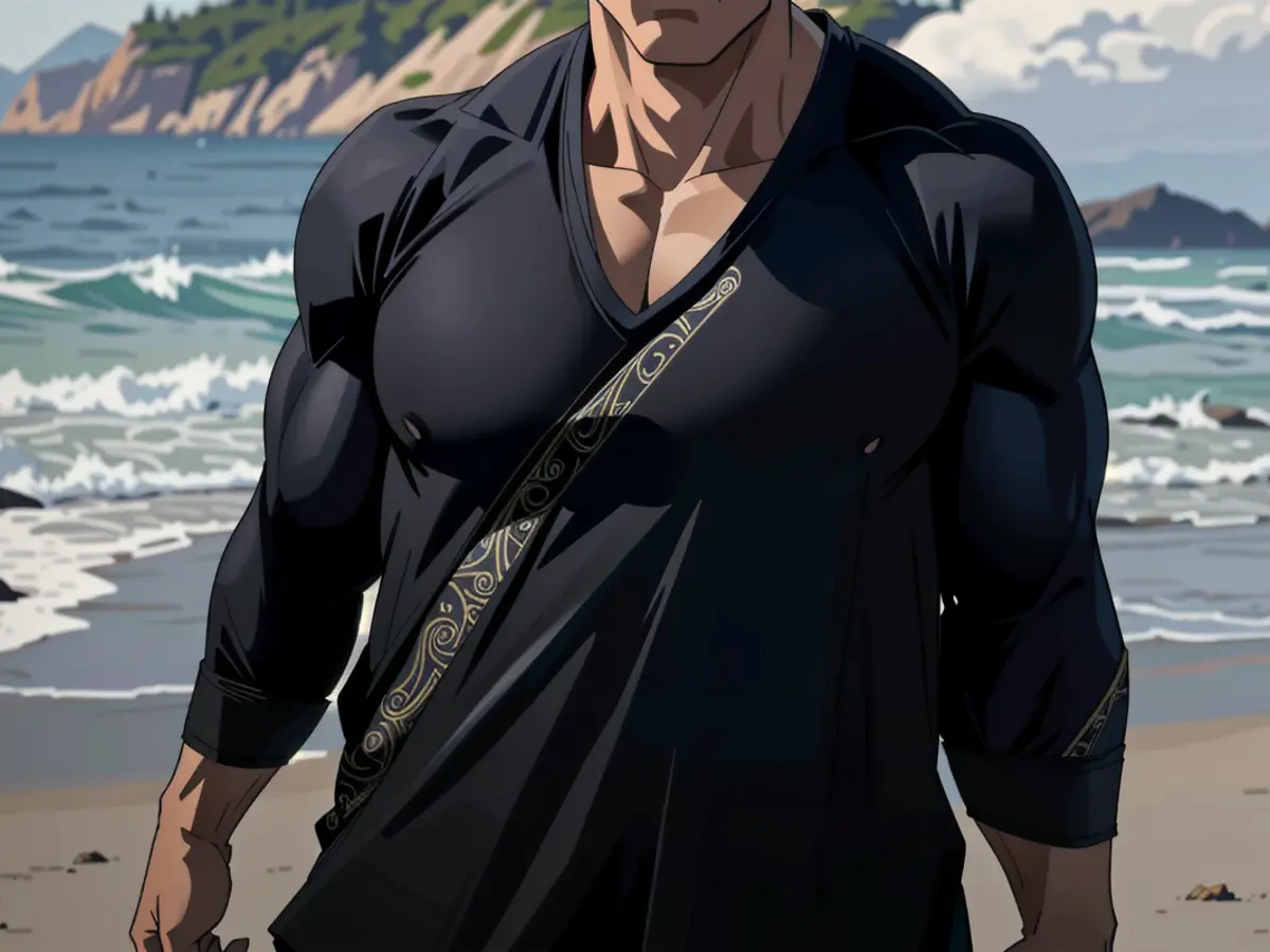 Black-clad reviewer strolling on a sandy shore, sporting a tunic shirt. Black-clad reviewer strolling along the sandy shore, attired in a tunic shirt
