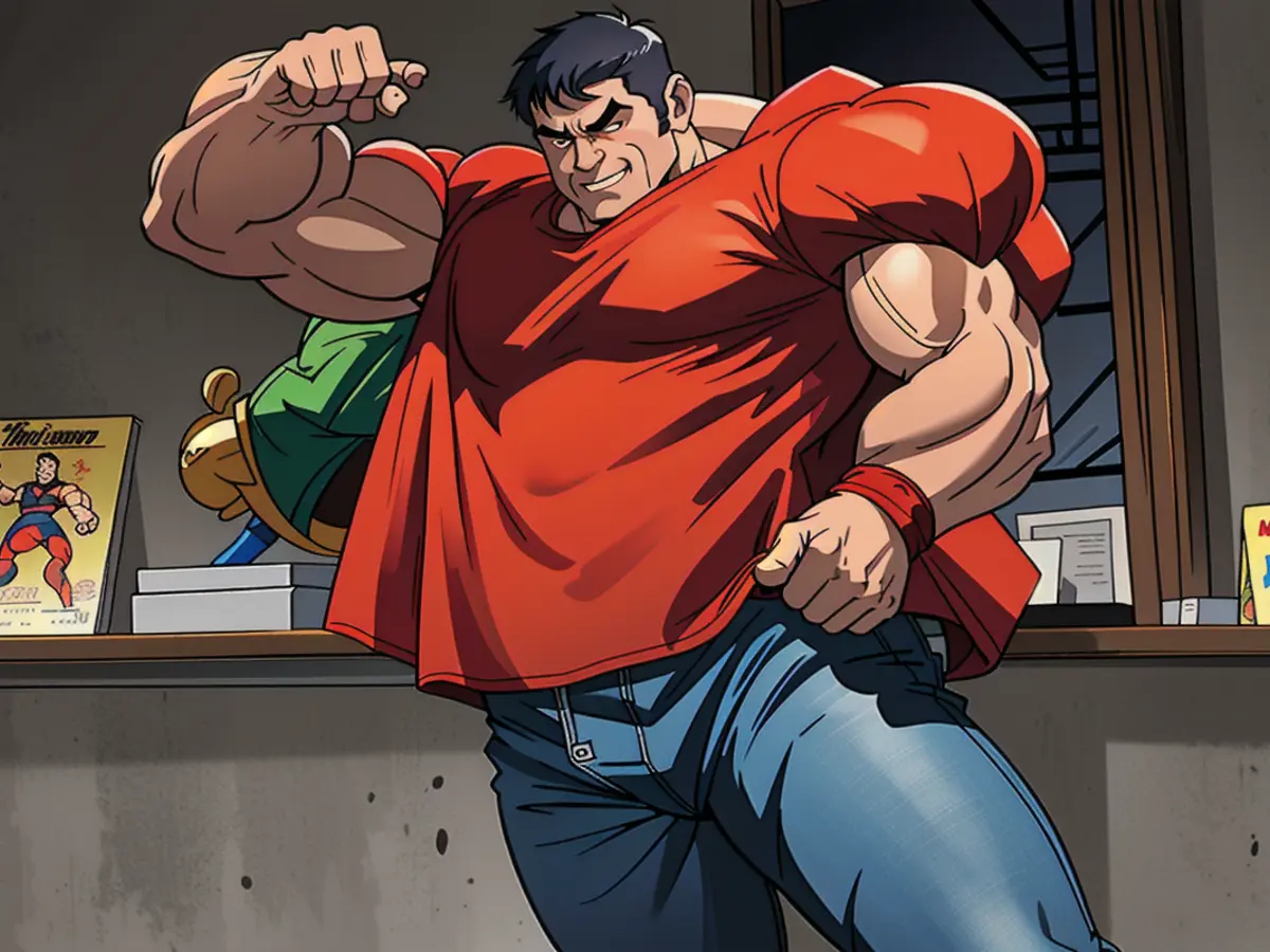 Reviewer donning a red shirt and jeans offers their unique insights Reviewer donning red shirt and jeans provides distinct assessment