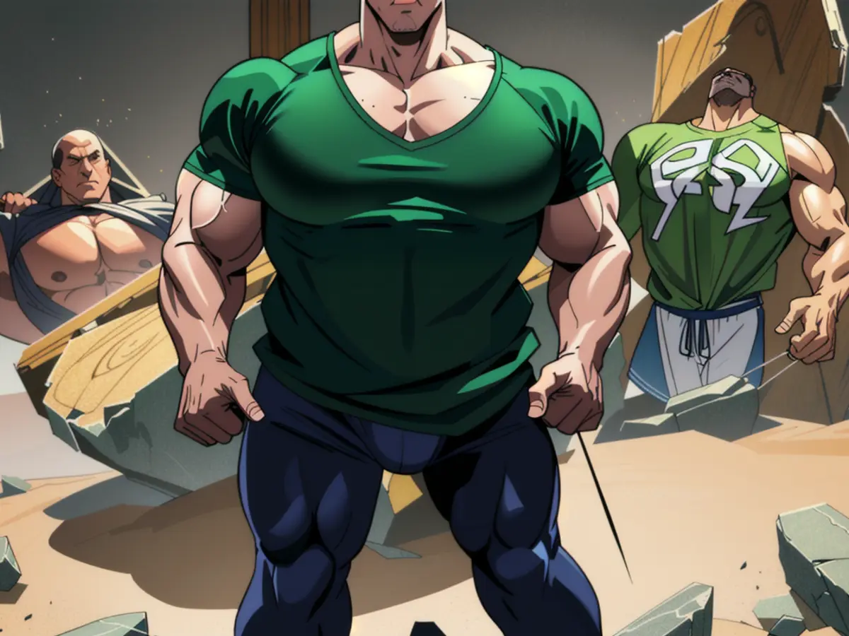 Evaluator donning green-colored attire appraises object under consideration Critic donning green shirt appraises product