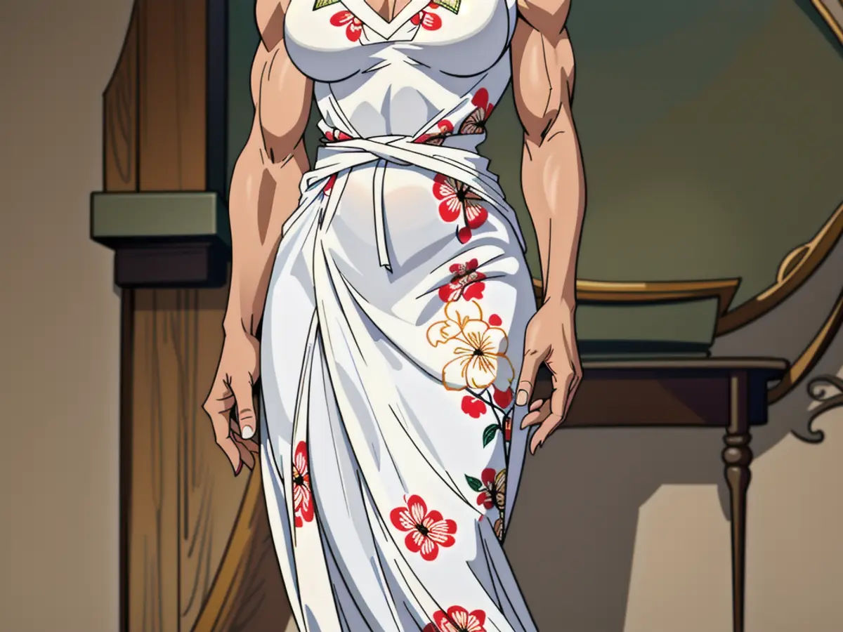 White floral-patterned dress donned by fashion model Dress on display: White attire boasts a vibrant brown floral design when worn.