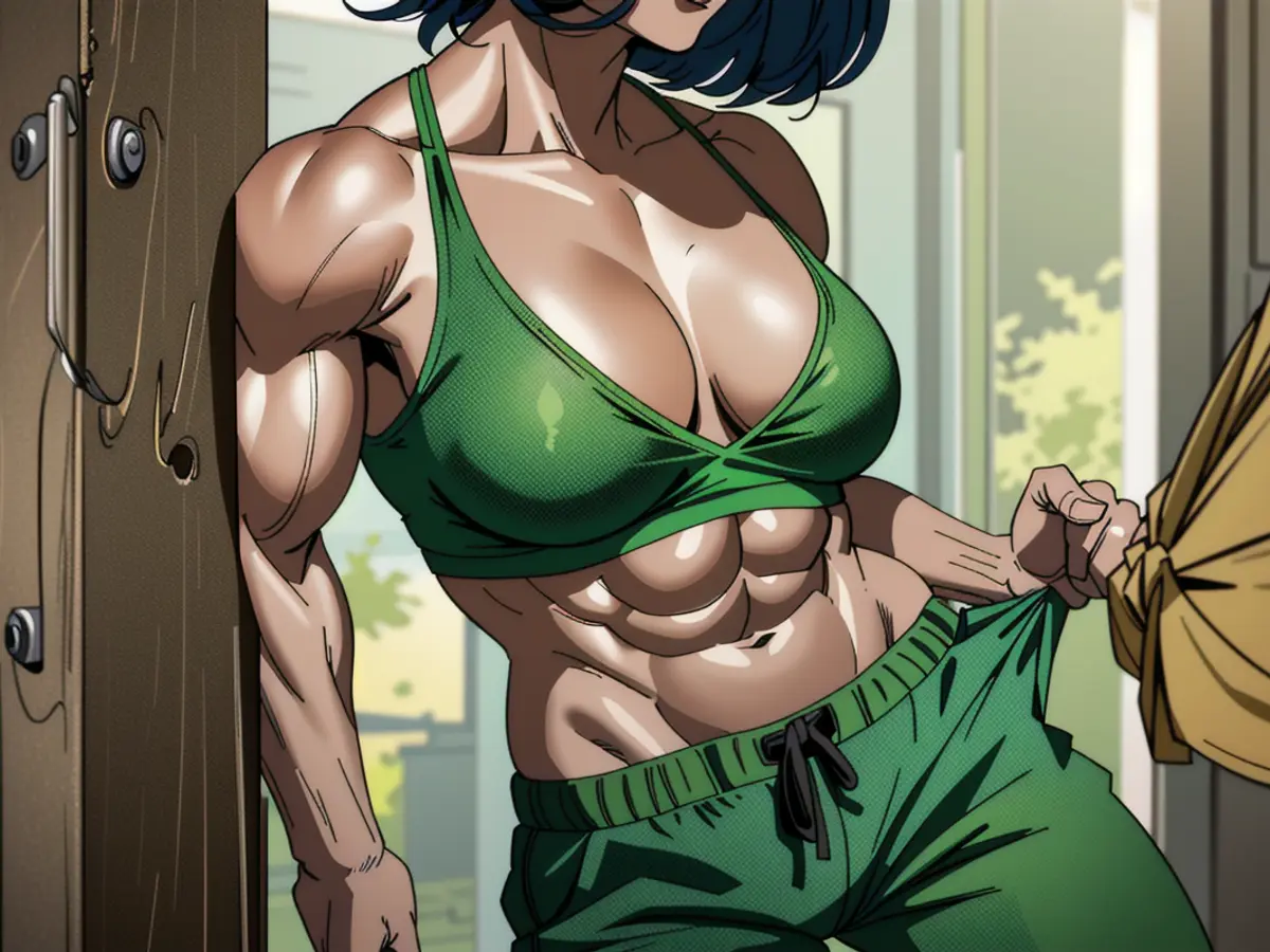 An individual adorns a bralette and shorts in a vibrant green hue. Individual sporting a green bralette and matching shorts outfit