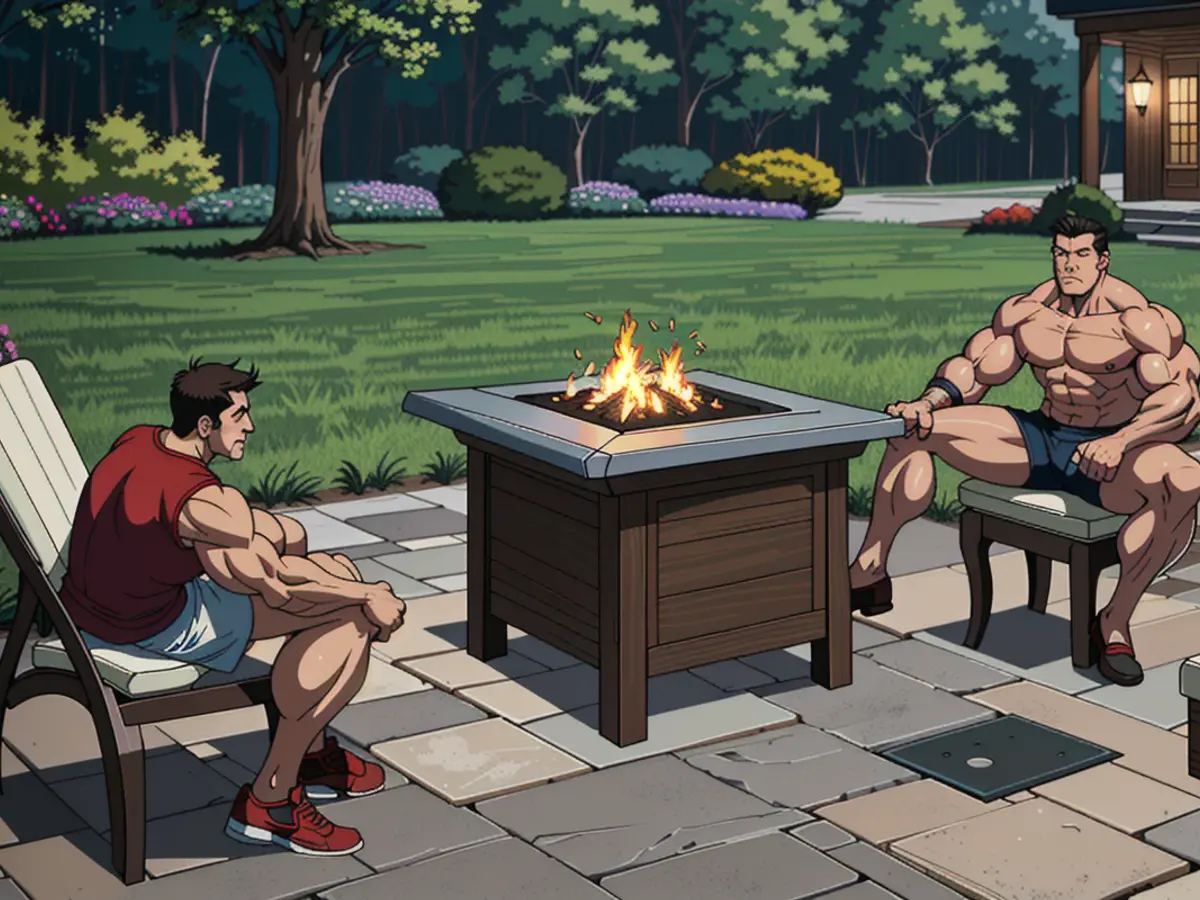 Outdoor, propane-fueled fire pit in a square shape, positioned among brown armchairs for a cozy setting in a courtyard.
