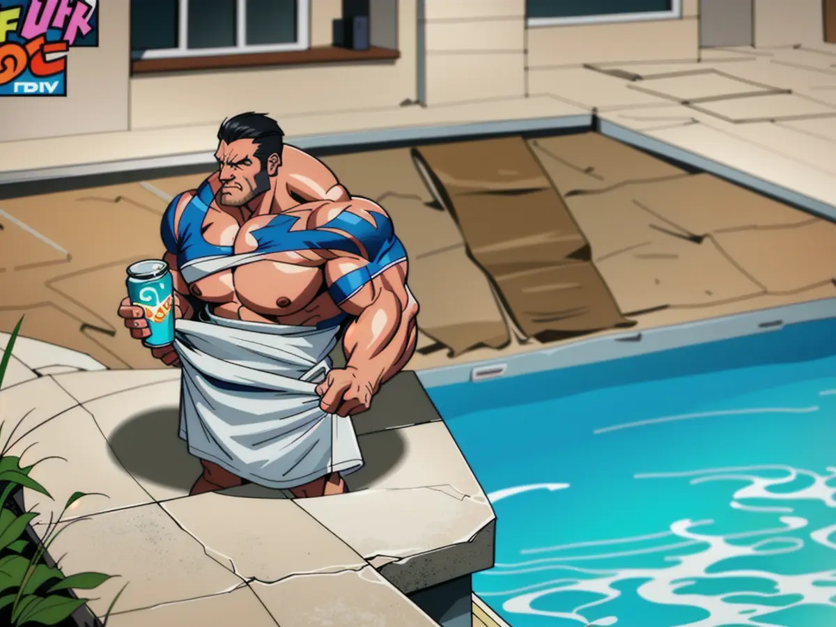 Rock musician performing nearby swimming pool