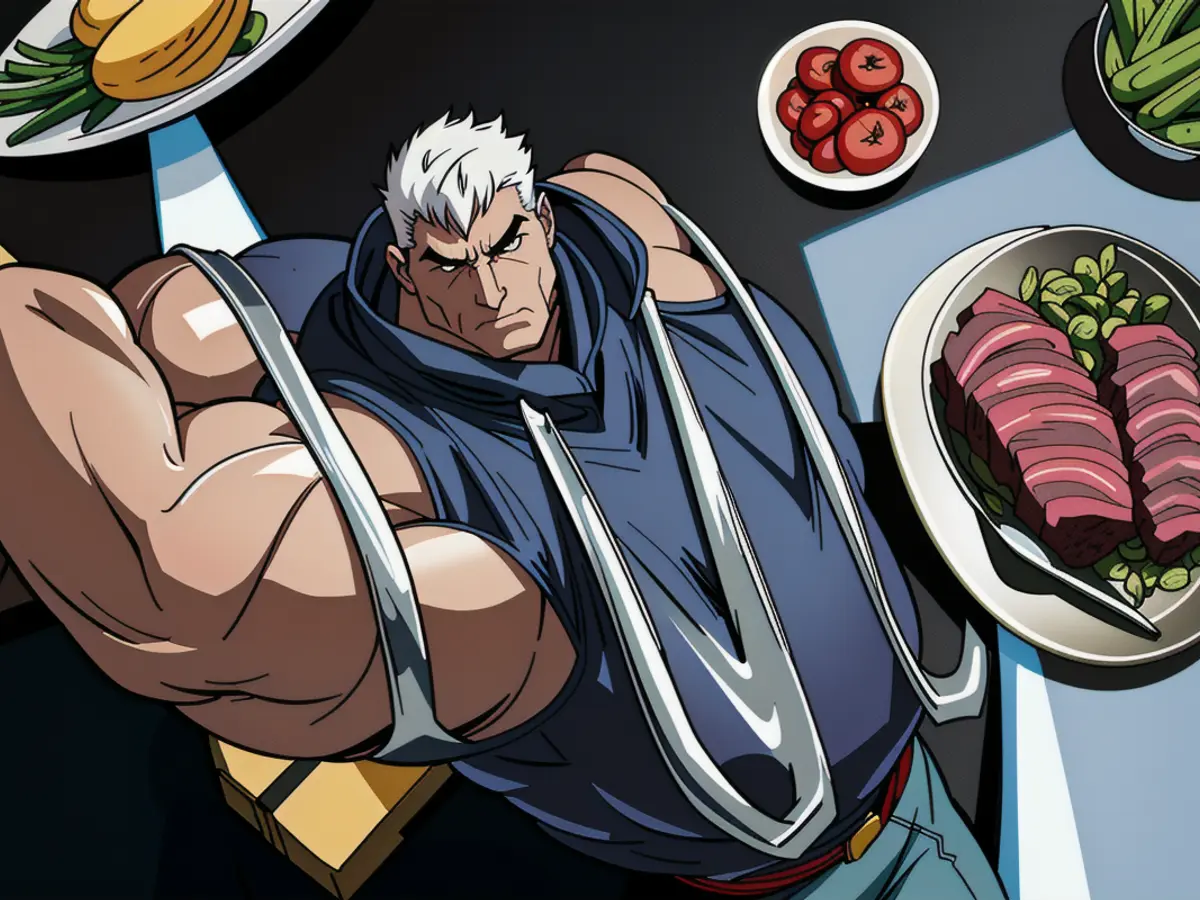 Silver utensils adorn a dark table, surrounded by sizzling grilled meat and colorful vegetables.