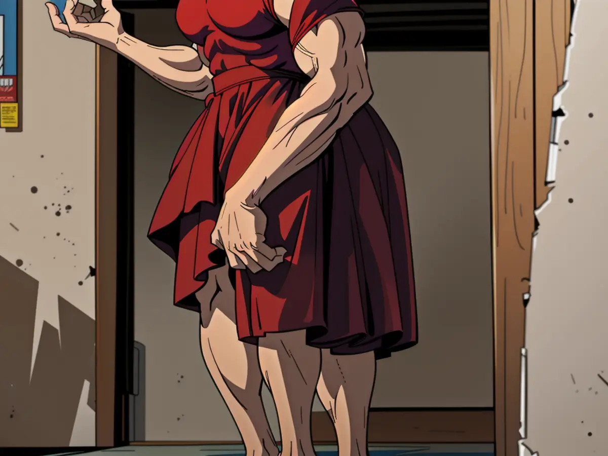 Critic sporting crimson gown assesses item Critic in Vibrant Red Ensemble.