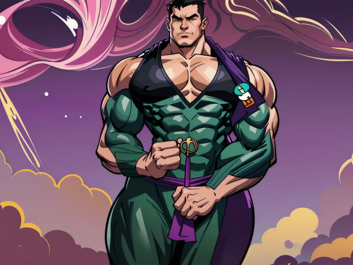 A fashion expert dons a multi-colored garment adorned with black, white, green, and purple leaf motifs. Evaluating attire in a blend of black, white, green, and Purple Autumn foliage motif