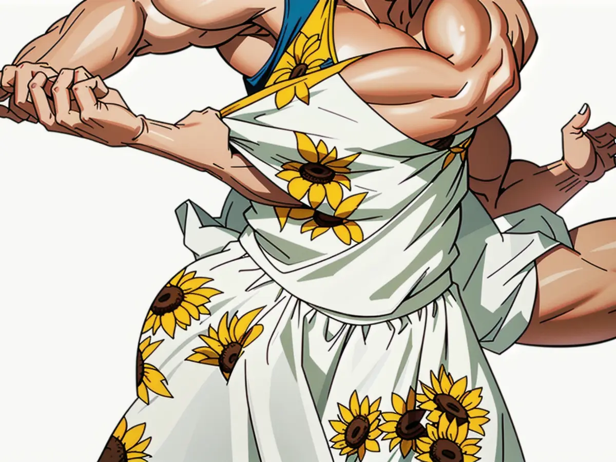 Woman adorned in sunflower attire Woman adorned in sunflower attire.