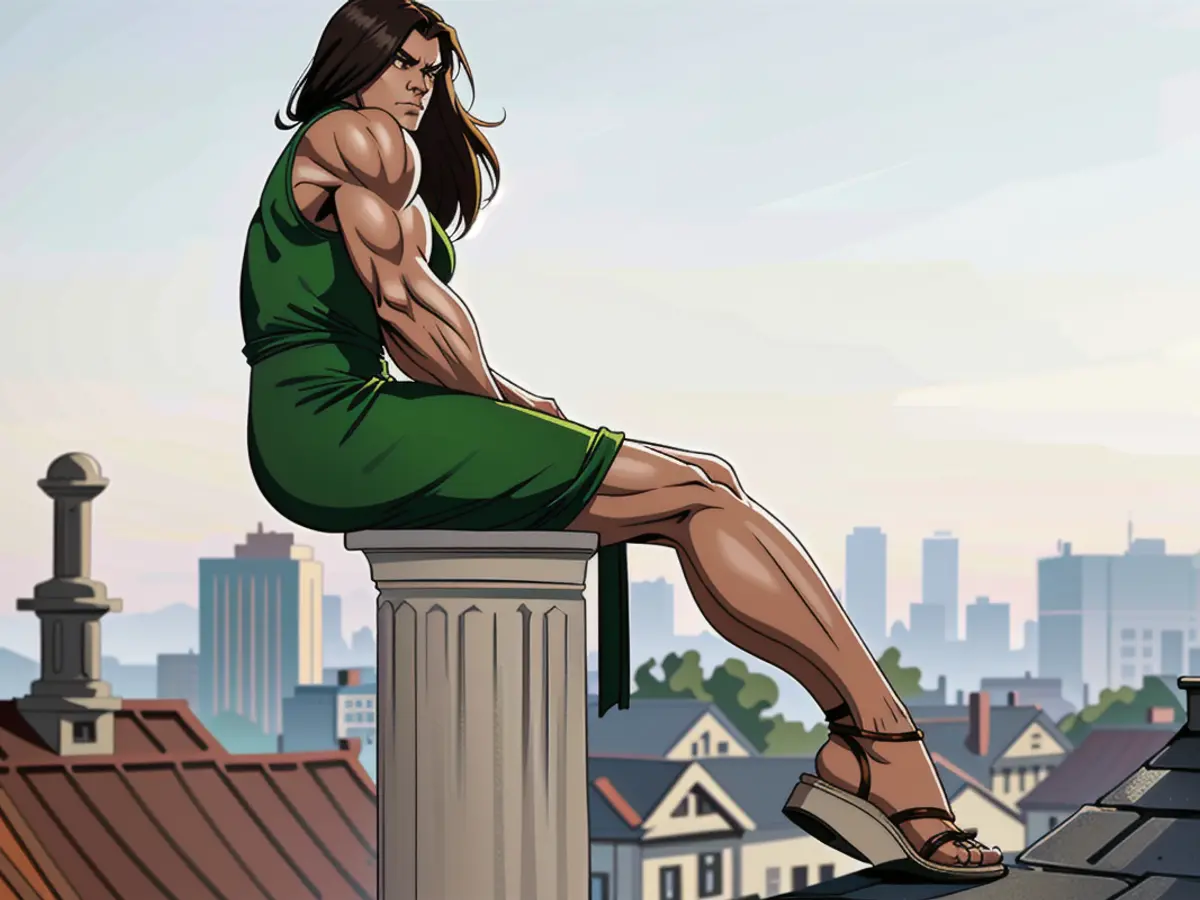 Woman posed atop building's peak, donned in green attire and brown footwear.