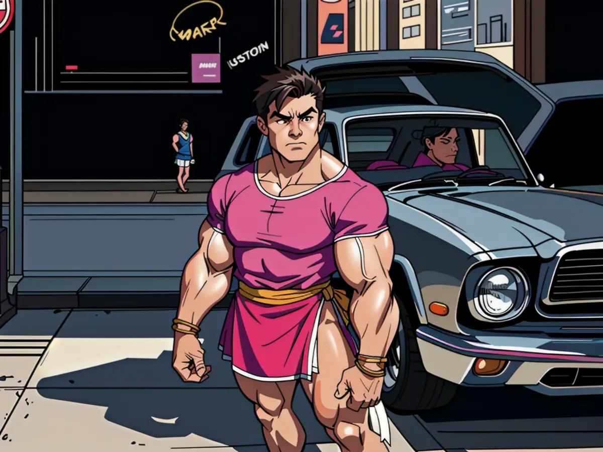 Pedestrian, attired in a pink dress and beige wedge sandals, stands in the intersection.
