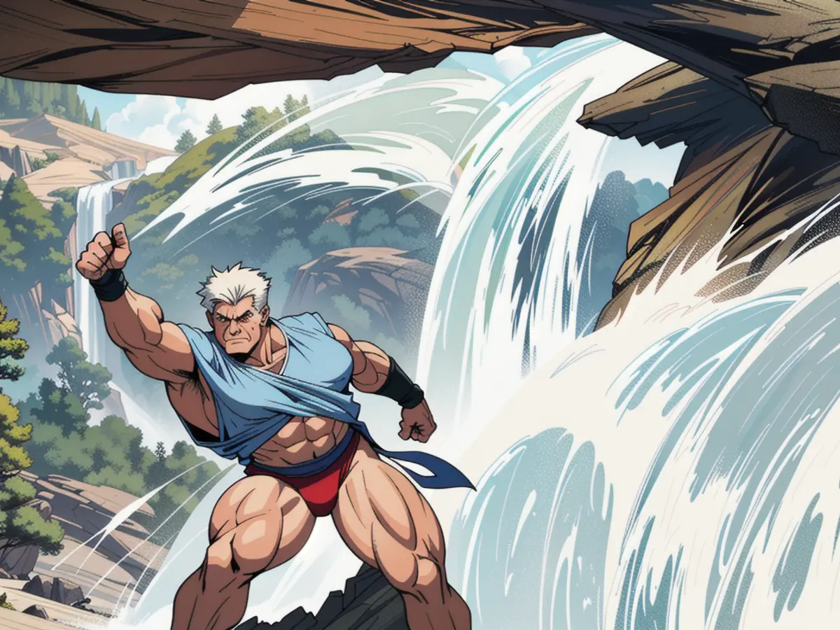 Adventurer donning sandals embarks on a hike next to a cascading waterfall