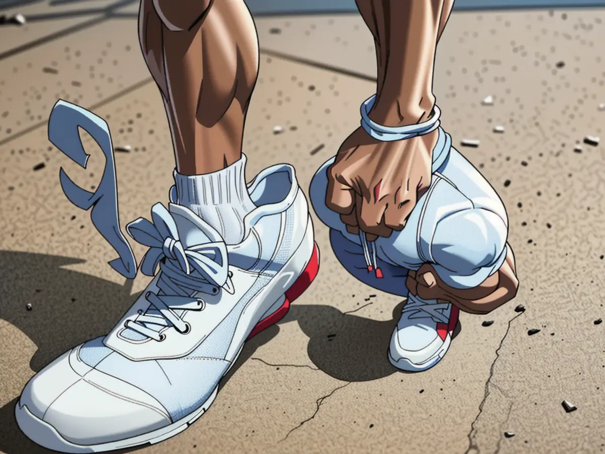 Reviewer Stands, Clad in White Sneakers Accompanied by Socks