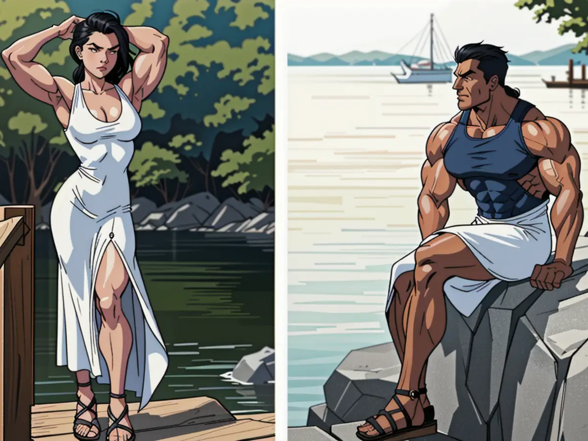 Model sporting white sandals and long robe (on the left), and same model lounging on a pier donning black slides with a white and blue patterned dress.