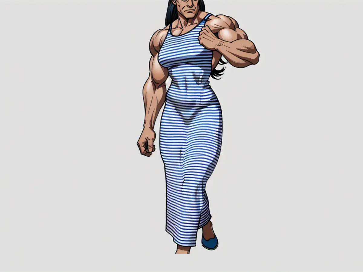Female model dons white-and-blue striped midlength dress for event. Model sporting a white-and-blue striped midi dress makes an appearance.