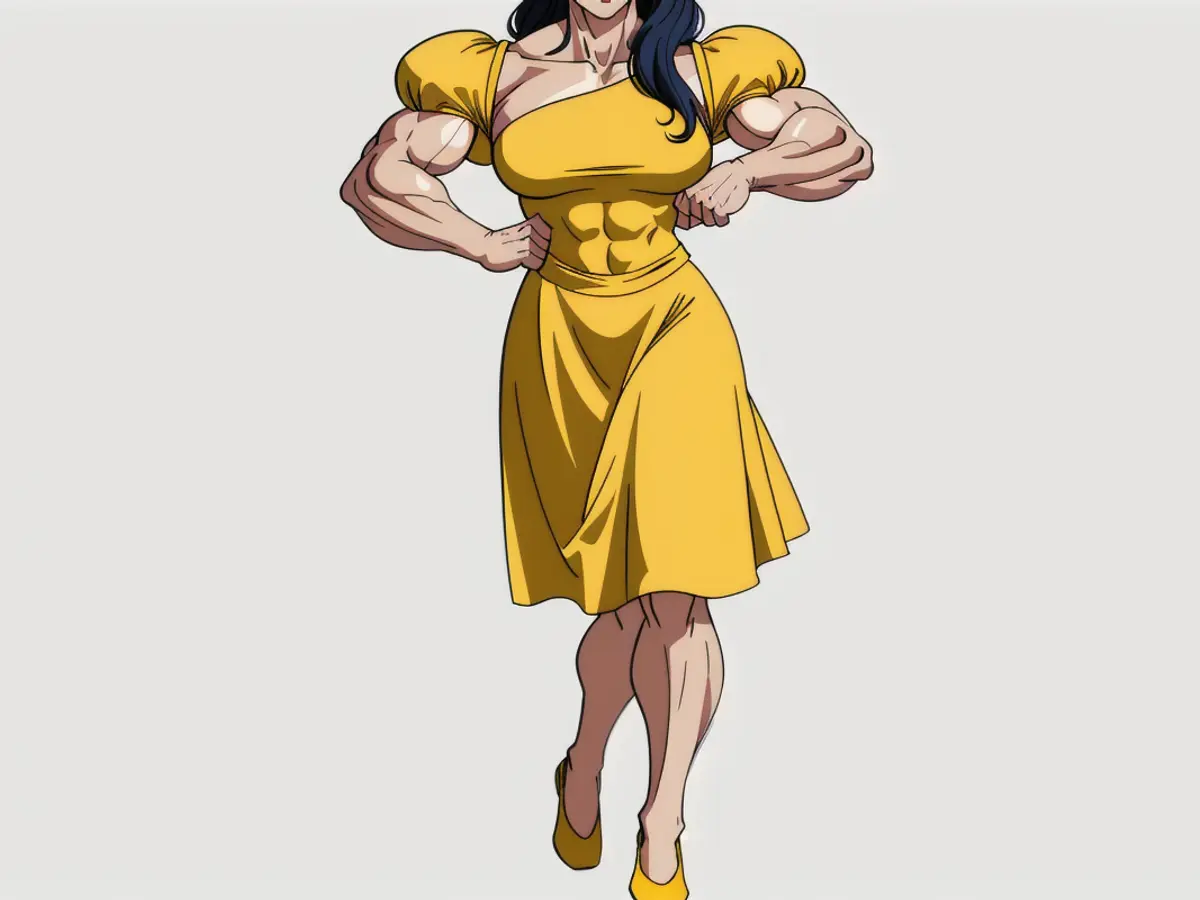 A fashion model sporting a voluminous dress with puffed sleeves. Fashion Model Sporting a Yellow Puff-Sleeved Gown in Latest Attire