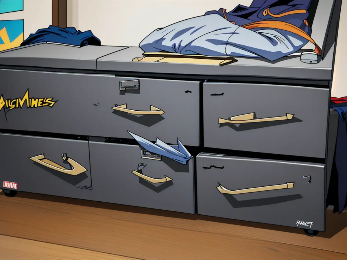 Towering dresser, burdened with assorted items piled atop it Cluttered gray dresser displaying piled-up items on its surface