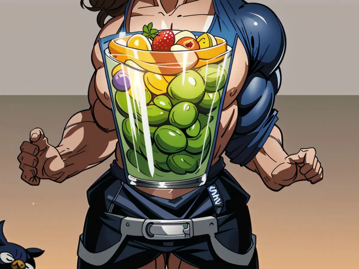 Blendered fruits depicted in a reviewer's image (of a blender)