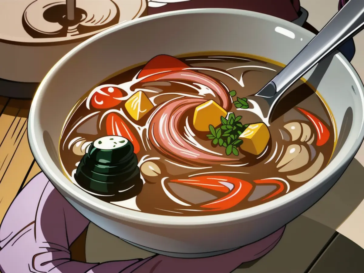 Image Showcasing a Reviewer's Hand Grasping a Steaming Bowl of Soup
