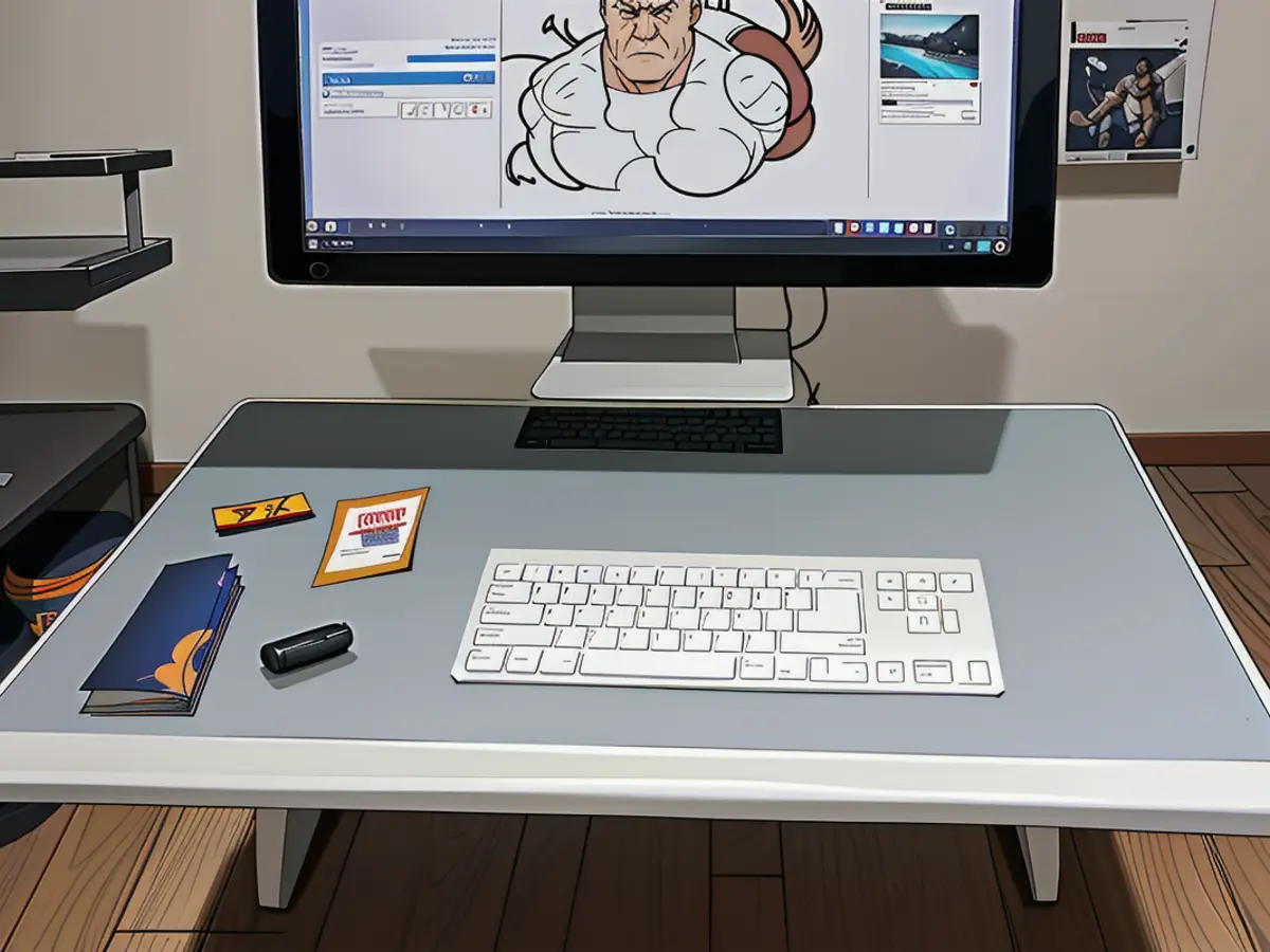 User working at a desk, utilizing a computer and board, balance them on a gray tray as they stand up. User using computer and board on a gray tray placed atop a desk while standing up in a reviewing position