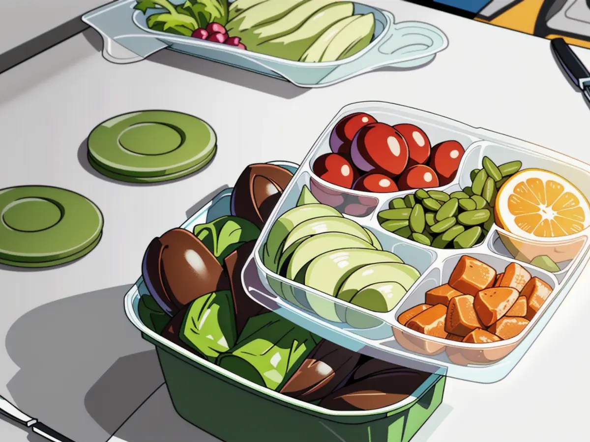 Reusable, stackable plastic lunch box containing various foods, notably a salad, organized within separate compartments. Stacked plastic lunch box in shades of green houses various food items, neatly divided in separate compartments.