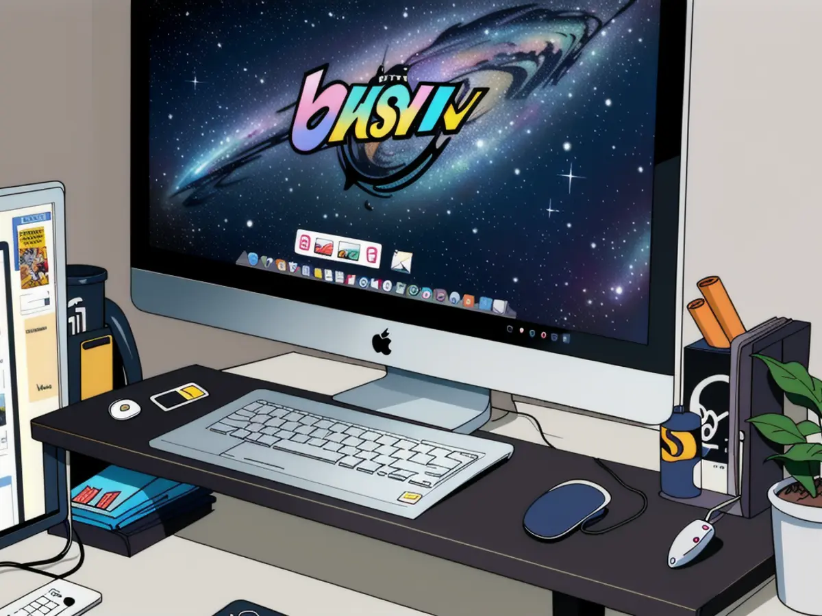 Mac positioned on adjustable stand,USB ports actively employed, assorted accessories adorning its surface Monitor holding iMac with active USB ports and assorted items placed on it