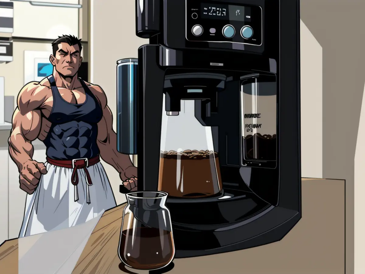 Compact, black appliance featuring a slot for a clear glass vessel filled with cold-brewed coffee beverage Compact, black device featuring an opening for a transparent glass container where cold brew coffee is prepared