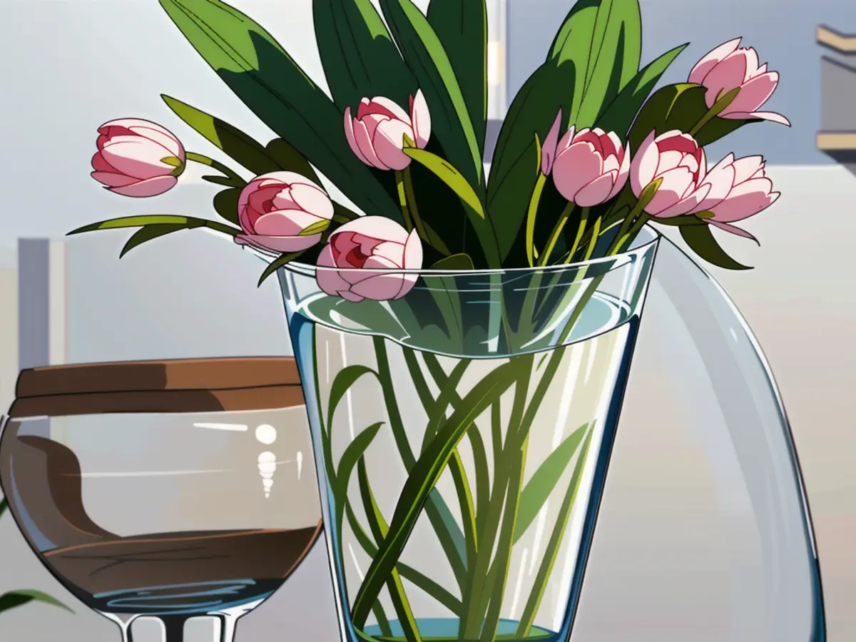 Clear glass vase, brimming with vibrant tulips Clear glass vase adorned with vibrant tulips