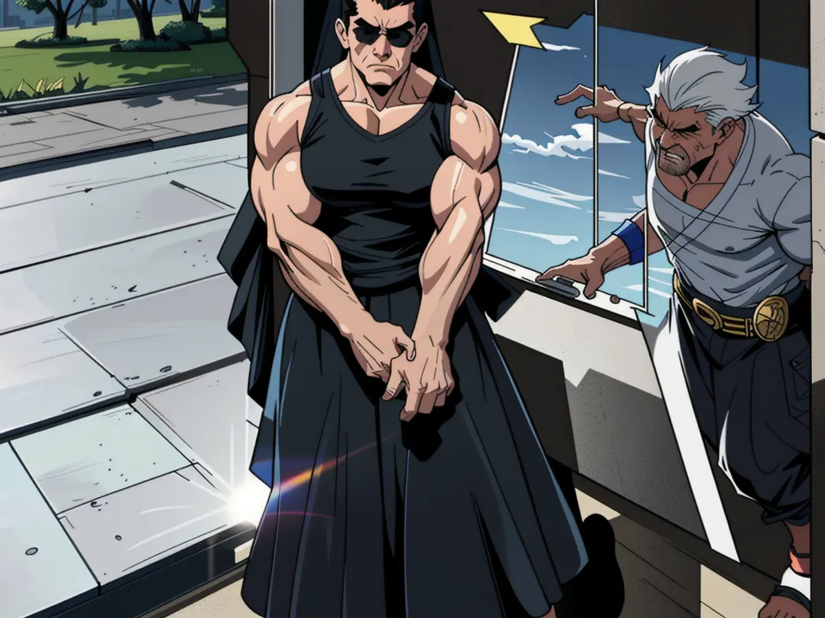Critic in a monochromatic ensemble: black gown, sandals, and shades Critic Donning Black Gown, Black Footwear, and Shades during Evaluation