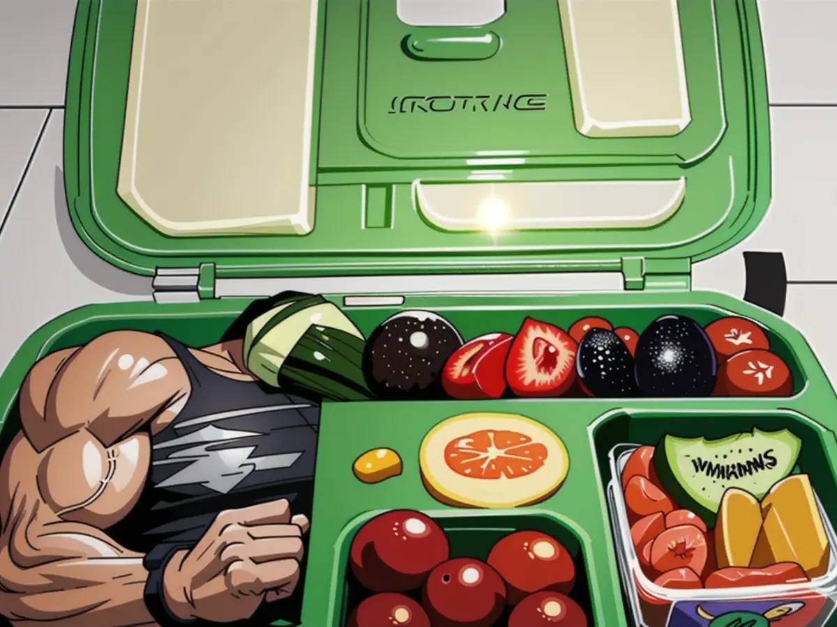 Image featuring reviewer's snap of a green lunchbox containing kimbap, assorted cut fruits, vegetables, tomatoes, and a dressings. Picture of reviewer's lunchbox, showcasing a green box, filled with kimbap, cut fruits, chopped vegetables, including tomatoes, and a dressing pot.