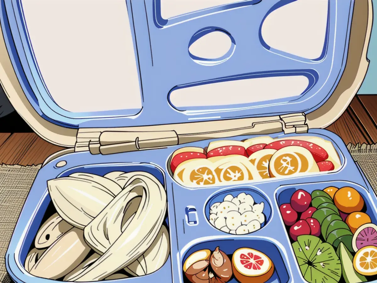 Image showcases a lunch box containing a butterfly-shaped sandwich, assorted nuts, sliced fruit, and vegetable pieces, along with dressing. Image display of a lunch box containing a butterfly-shaped sandwich, assorted nuts, sliced fruit, and vegetable pieces, along with a dressing.