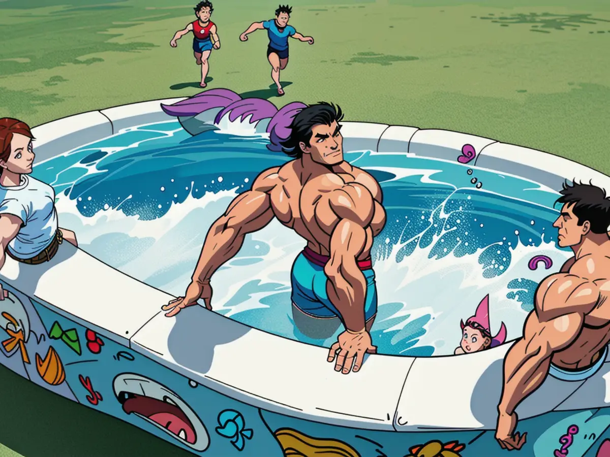 Three kids diving in a pool decorated with a lively depiction of children swimming with marine animals beneath the surface. Children frolicking in a swimming pool, adorned with a vibrant mural depicting young swimmers and aquatic life.
