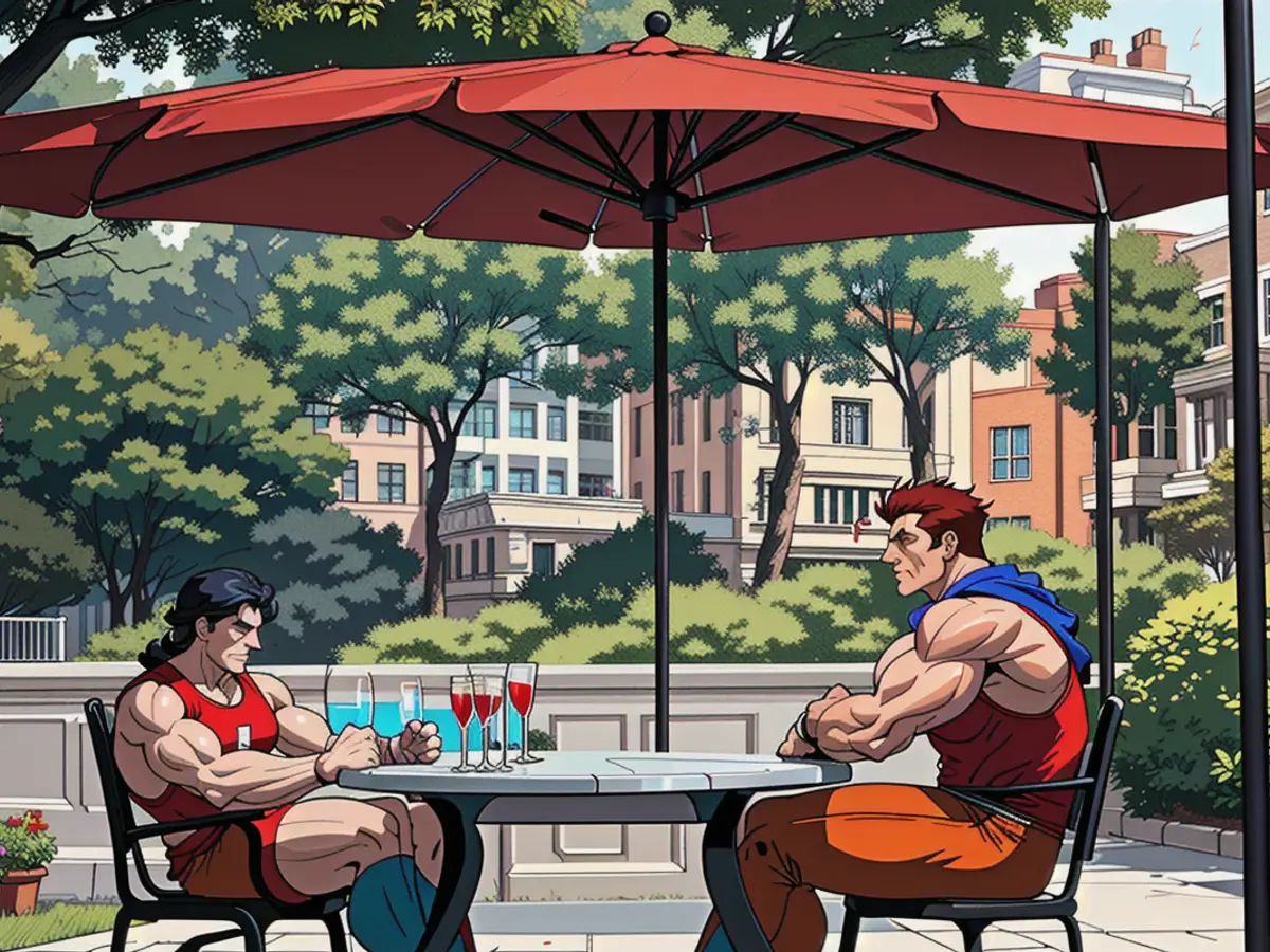 Image showcases a red umbrella standing tall, offering shelter to a compact table and seats for four. Image of reviewer standing under a red umbrella, offering shelter to a tiny table and chairs