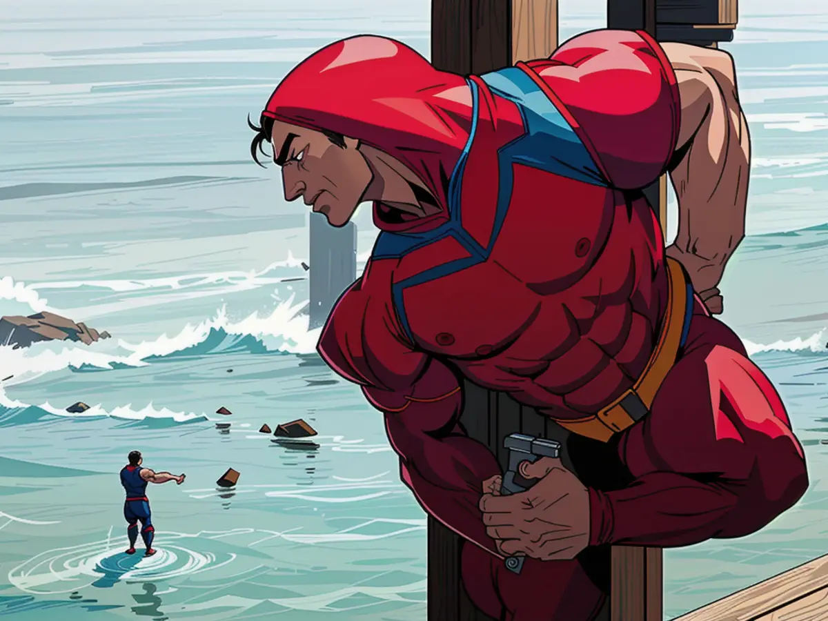 Reviewer standing on a dock, clad in a red jumpsuit Reviewer in a red jumpsuit, positioned on a pier.