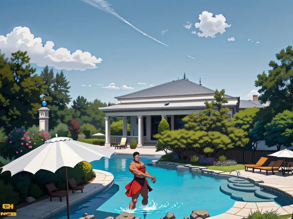 Photograph Review of an Umbrella Positioned Near an Outdoor Swimming Pool Outdoor pool setting snapshot of reviewer alongside an umbrella