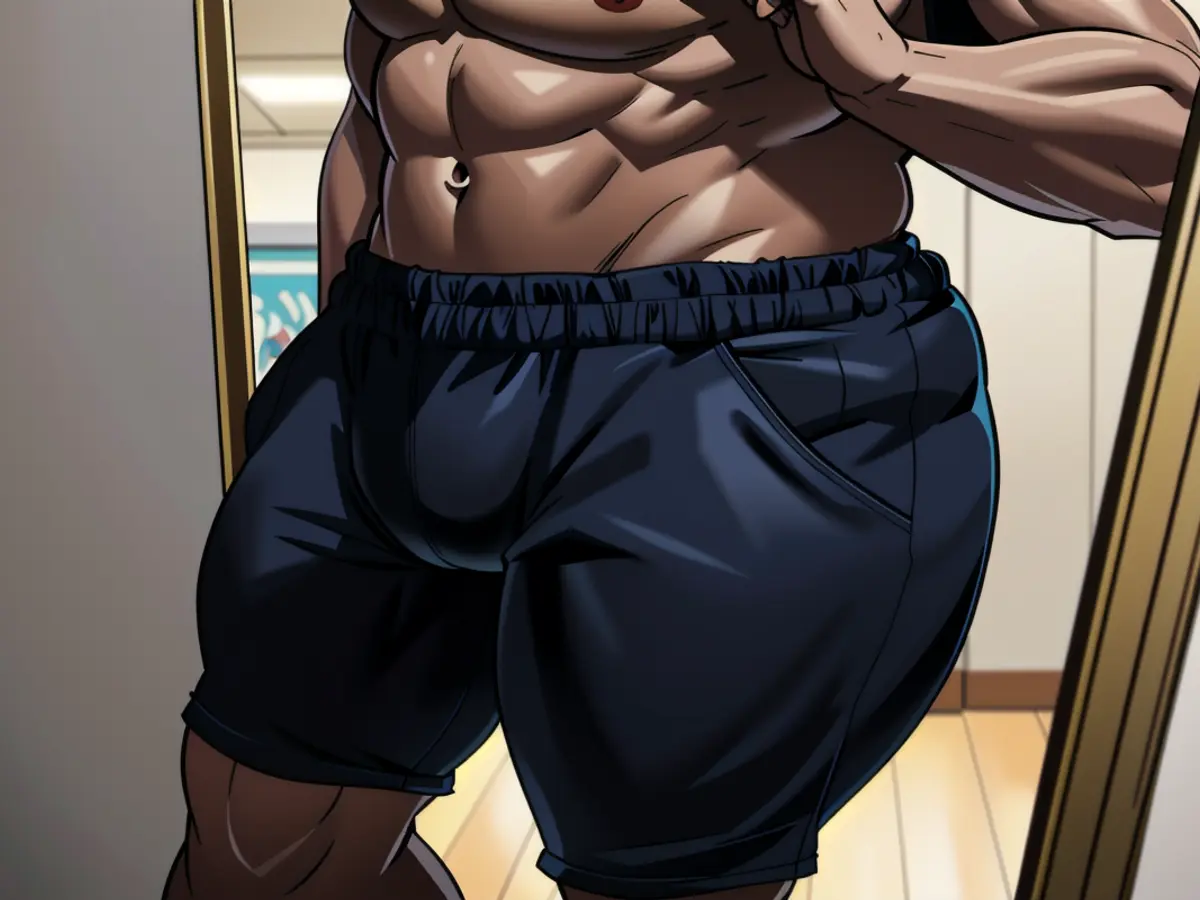 A round-shaped individual captures a self-portrait in a mirror while donning exercise shorts.