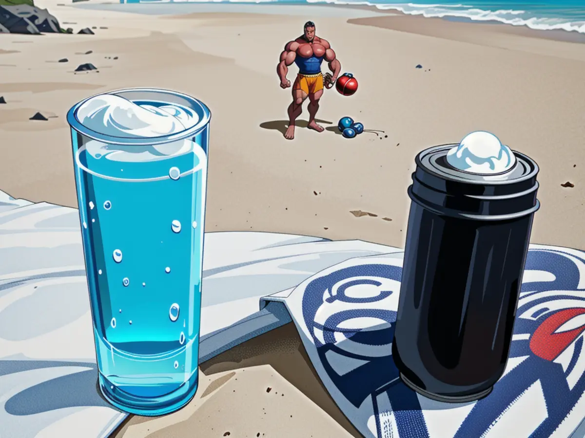 Two contrasting colored beverage containers, one blue and one black, each filled with soda, placed on a sandy seaside landscape.