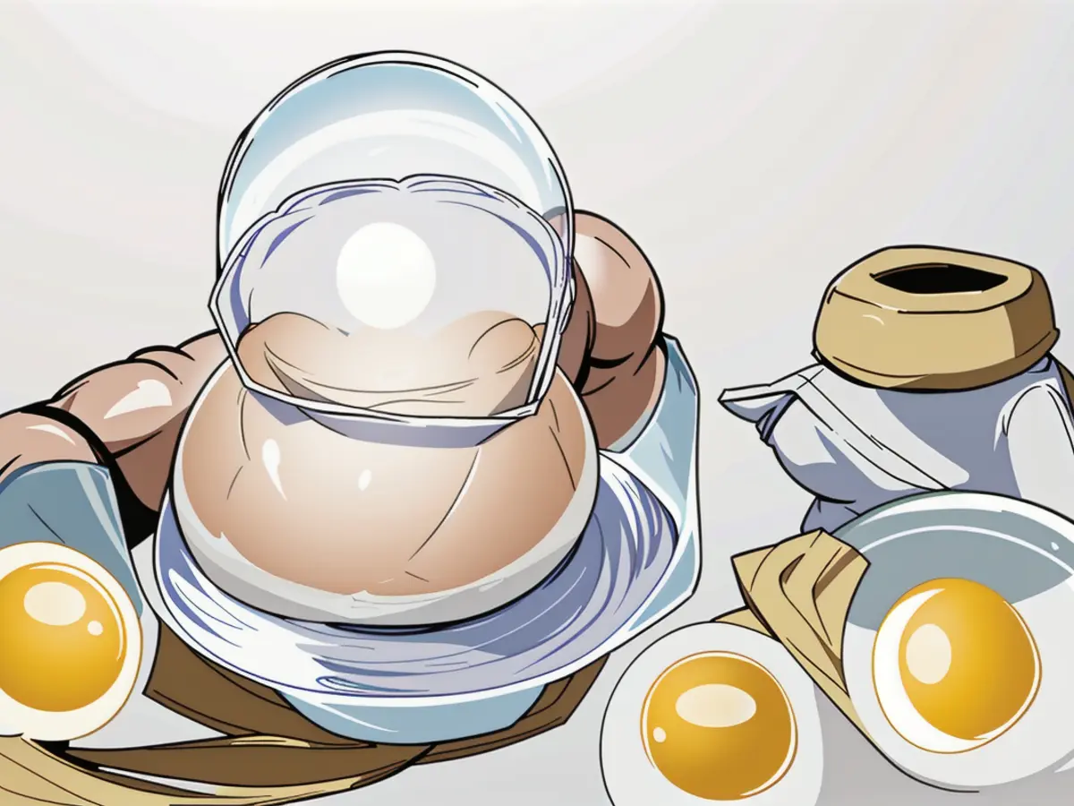 Transparent dome top egg cooker in use, six eggs being prepared inside