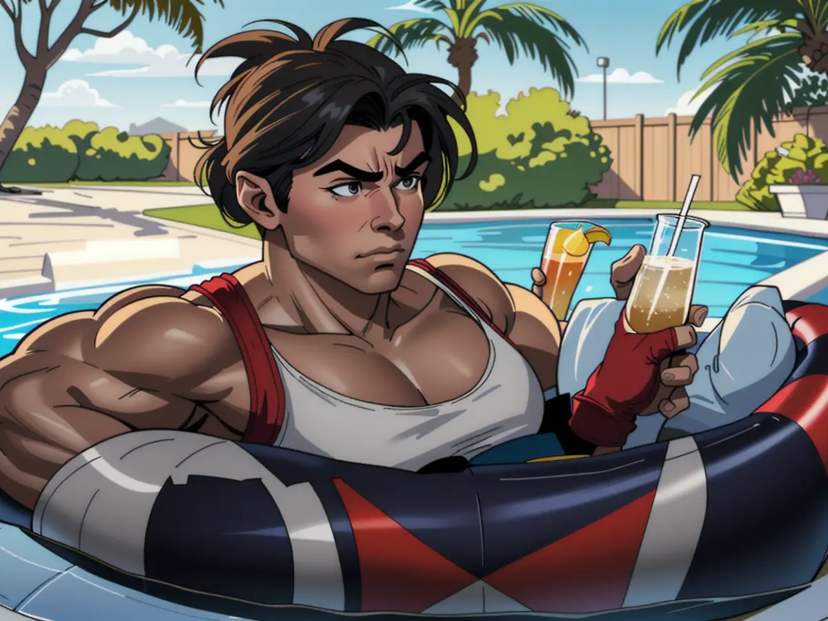 Poolside seating: Reviewer comfortably seated in a floating chair, equipped with inflatable armrests, indulging in a drink amidst the water.