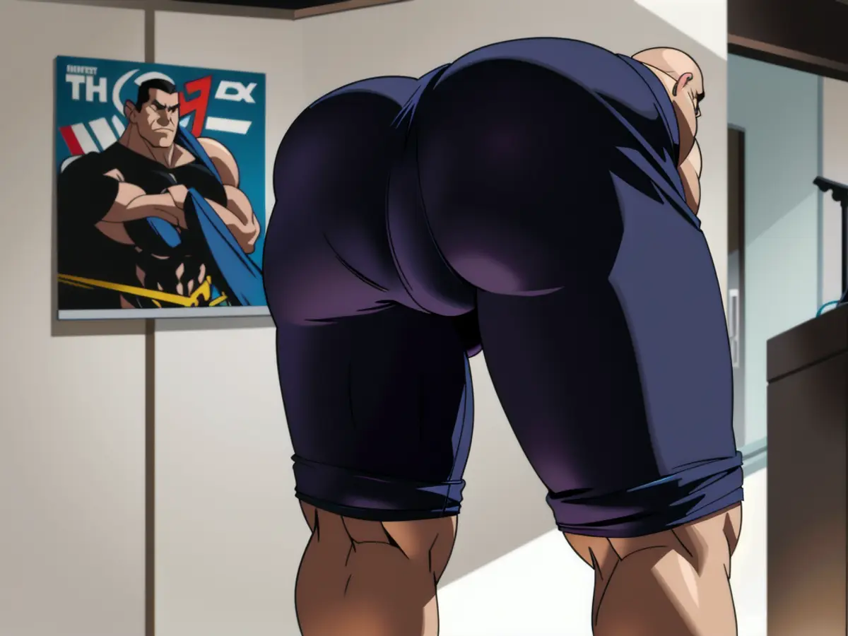 Individual with a slender frame demonstrating the rear view of their shorts.