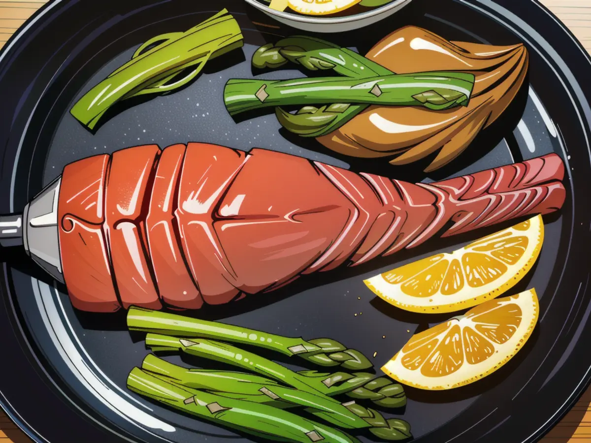 Air-fried salmon, partnered with asparagus and lemon slices, presented artfully on a dinner plate.