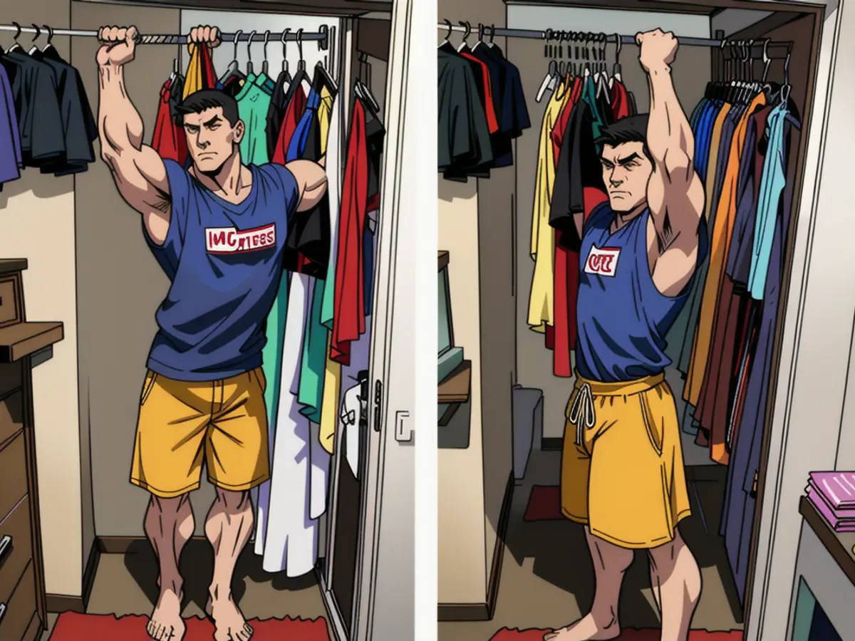 Kid spotted in close examination of wardrobe items. Kid appearing to grab garments from wardrobe.