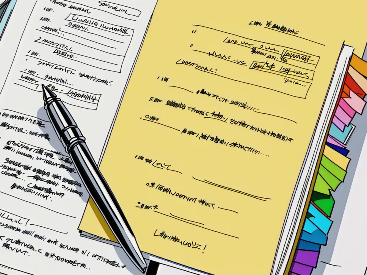 Notes bearing lines and tabs, found within a notepad, having scrawled text on them. Sticky notes, lined and tabbed, found within a notebook, bearing inscribed messages.