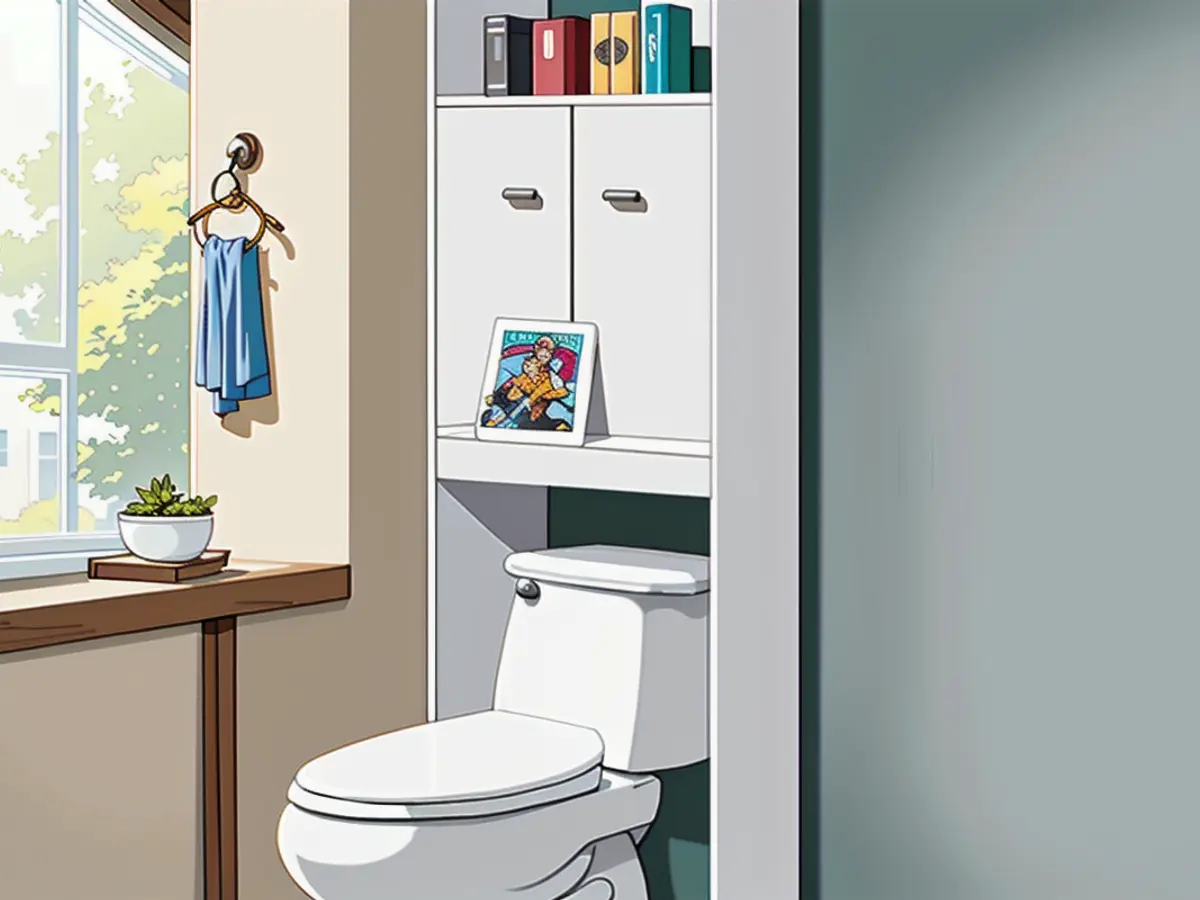 Toilet bathroom shelf's location and use details. Toilet-adjacent Bathroom Shelf Mentioned in Description