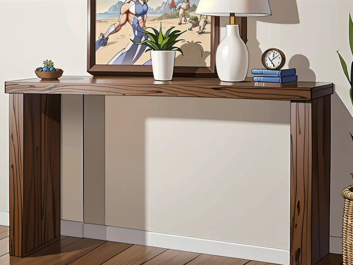 Console table showcases a desert landscape photo, sports a white light fixture, features a miniature plant, and displays a woven basket on one side. Desert landscape adorns a round-edged wooden console table, complemented by a white lamp, a miniature plant, and a wicker basket positioned on one side.