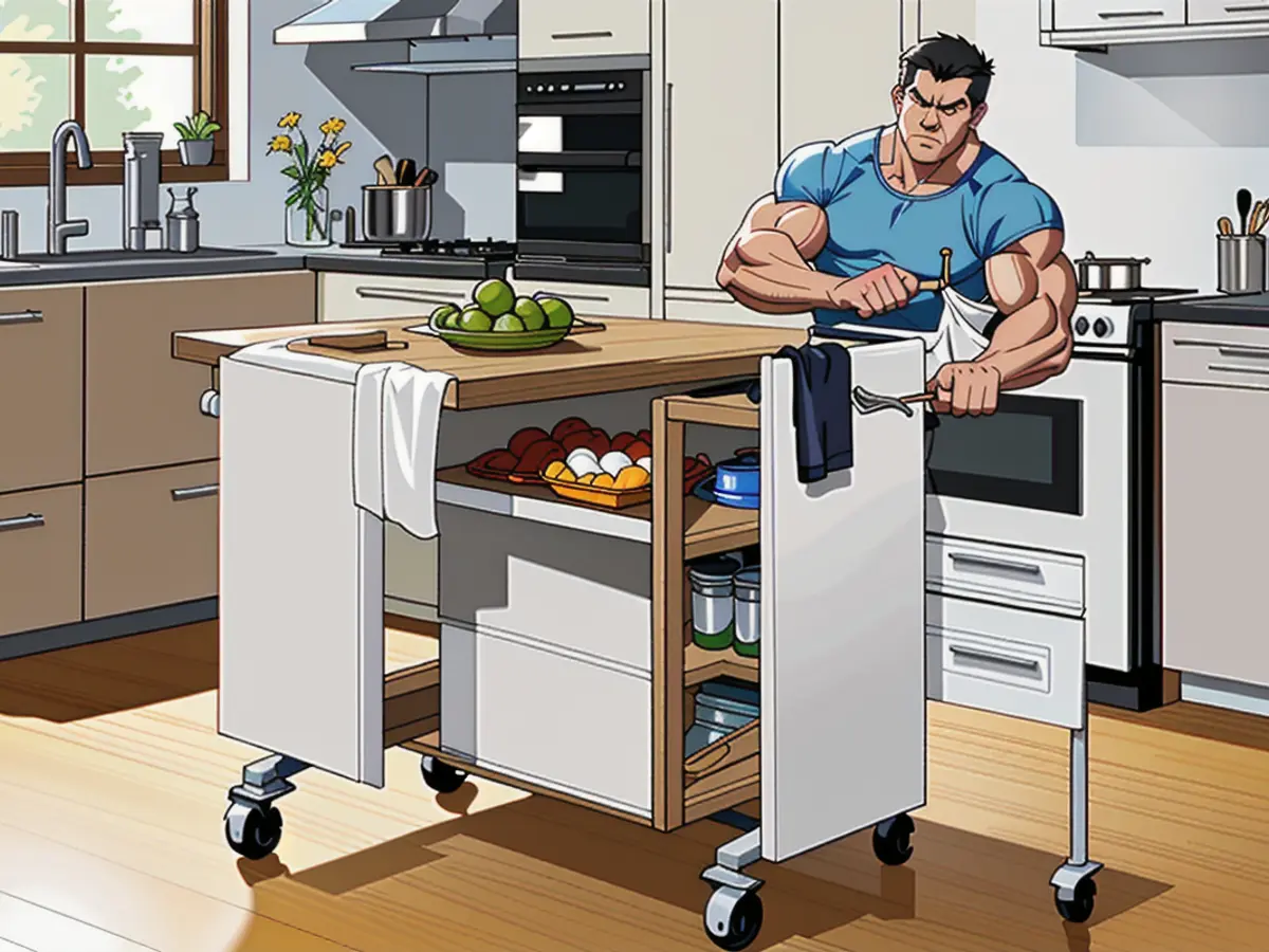 A contemporary kitchen, adorned with a mobile island cart laden with culinary equipment, strategically placed adjacent to the cooktop range. A contemporary kitchen equipped with an accessible island cart brimming with culinary essentials, synched strategically close to the cooking stove.